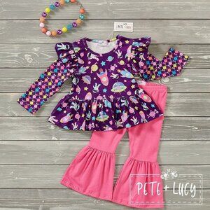 Pete + Lucy 0-6m Colorful Space Pink Purple Long Sleeve Baby Ruffle Pants Set